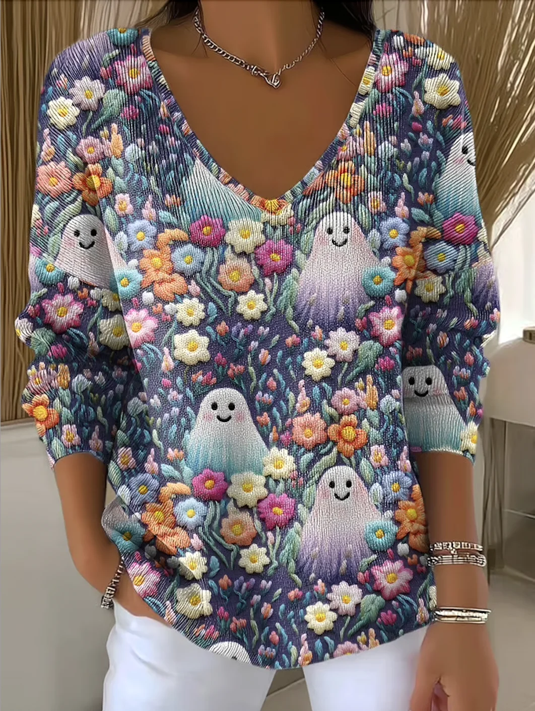 Women Cotton Floral Long Sleeve Comfy Casual Sweater