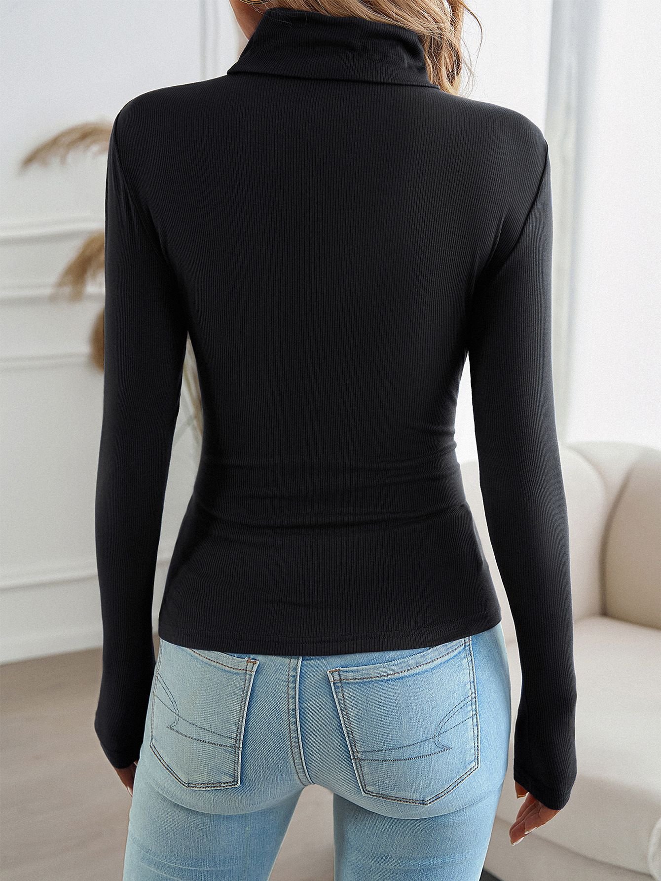 Casual Plain Mock Neck Long Sleeve T-shirt
