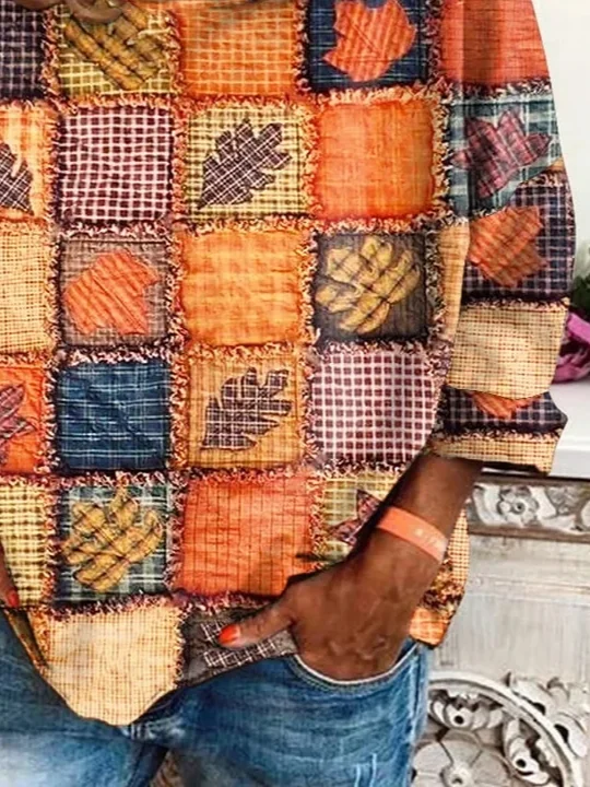 Casual Halloween Maple Leaves Art Print Crew Neck Long Sleeve T-shirt