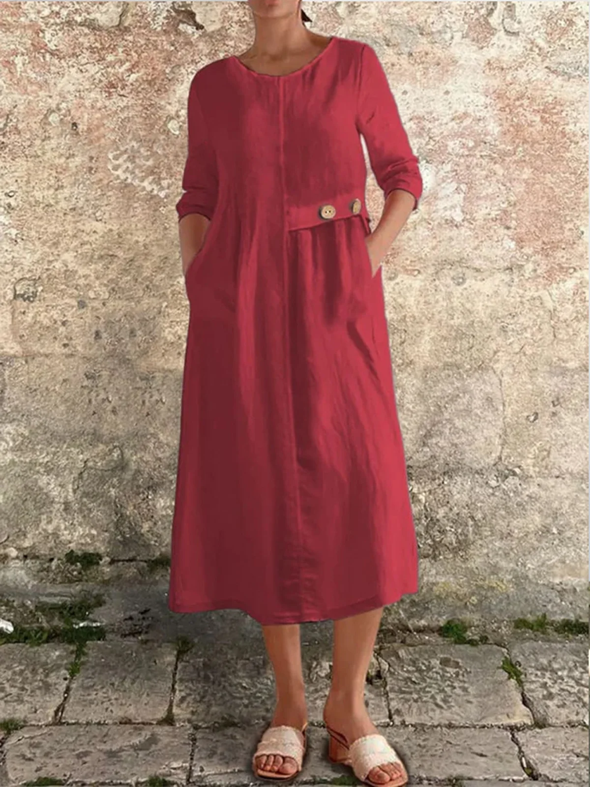 Women Plain Spring/Fall Buttoned Dress Crew Neck Long Sleeve A-Line Dress