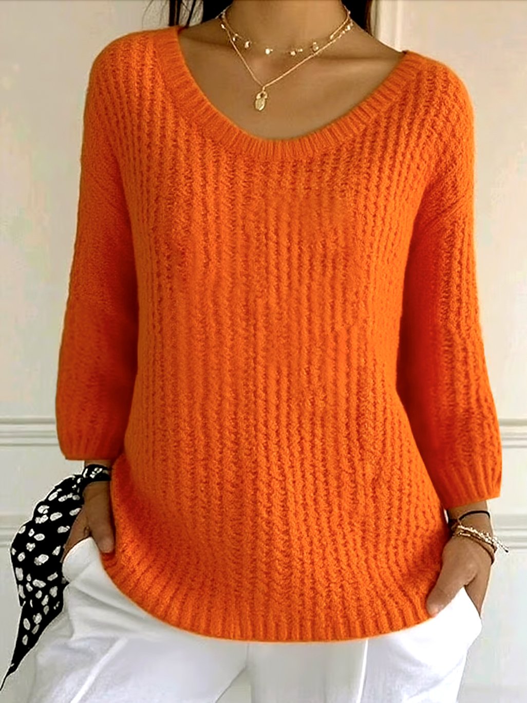 Women Cotton Plain Long Sleeve Comfy Casual Sweater