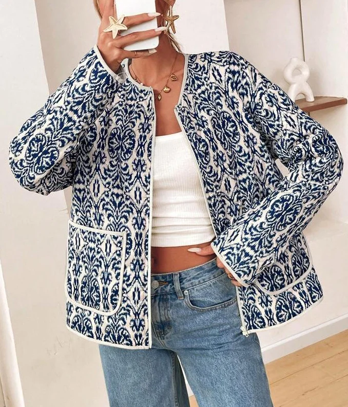 Women Spring/Fall Outerwear Casual Geometric Long Sleeve Stand Collar Jacket