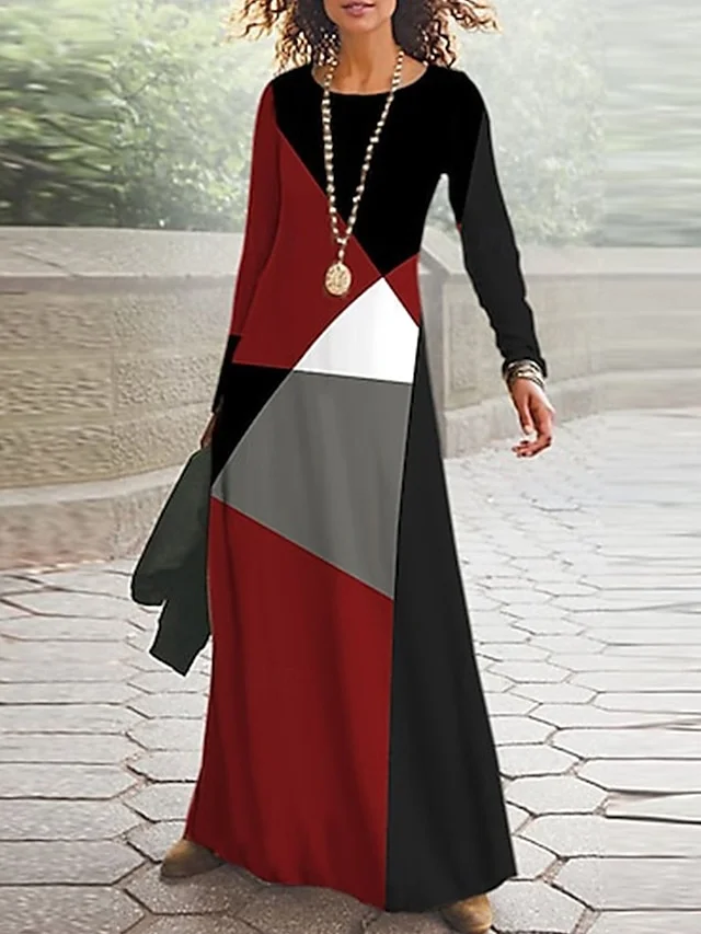 Women Geometric Spring/Fall Dress Crew Neck Long Sleeve A-Line Dress