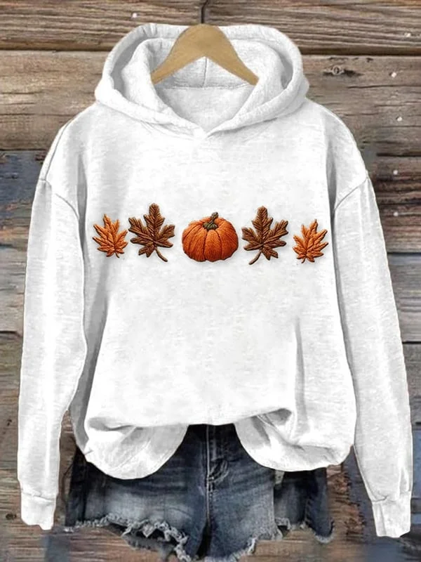 Casual Hoodie Maple Leaf Pumpkins Art Print Top