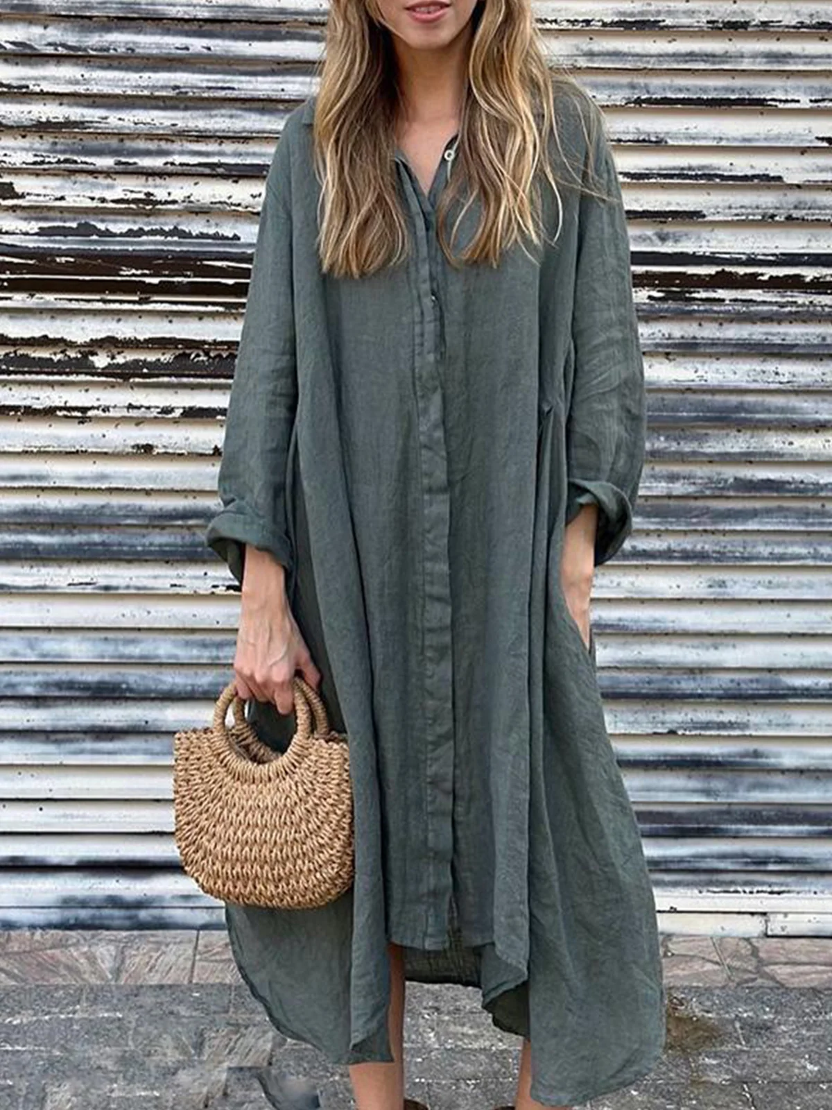 Women Plain Spring/Fall Dress Shirt Collar Long Sleeve Shirt Dress A-Line Dress