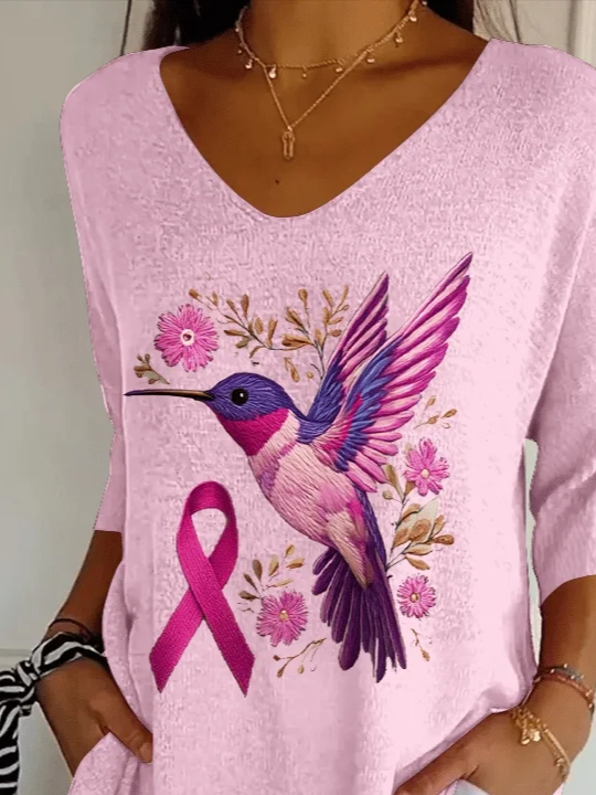 Casual Floral V Neck Three Quarter Sleeve T-shirt