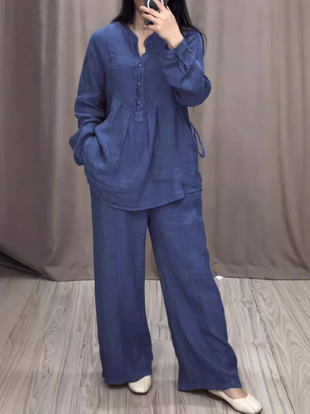 Women Plain Two-Piece Set Daily Long Sleeve Casual Spring/Fall Top With Pants Matching Set