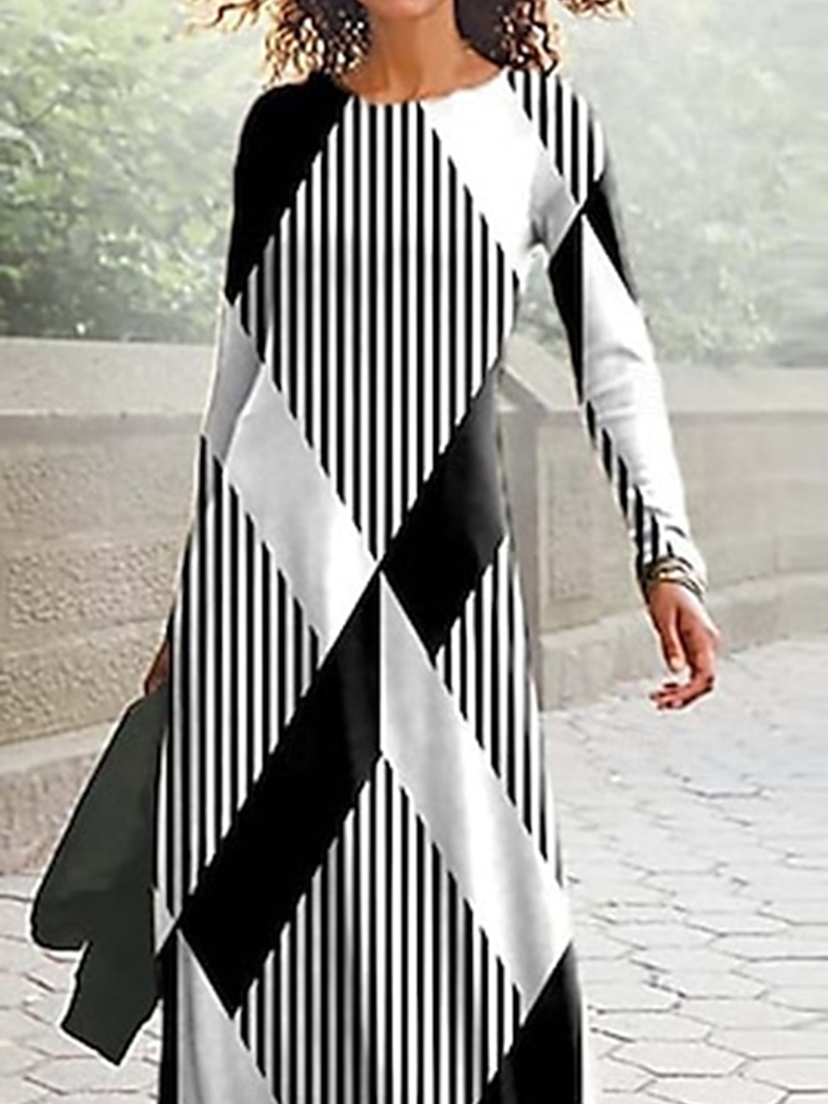 Women Striped Spring/Fall Dress Crew Neck Long Sleeve A-Line Dress