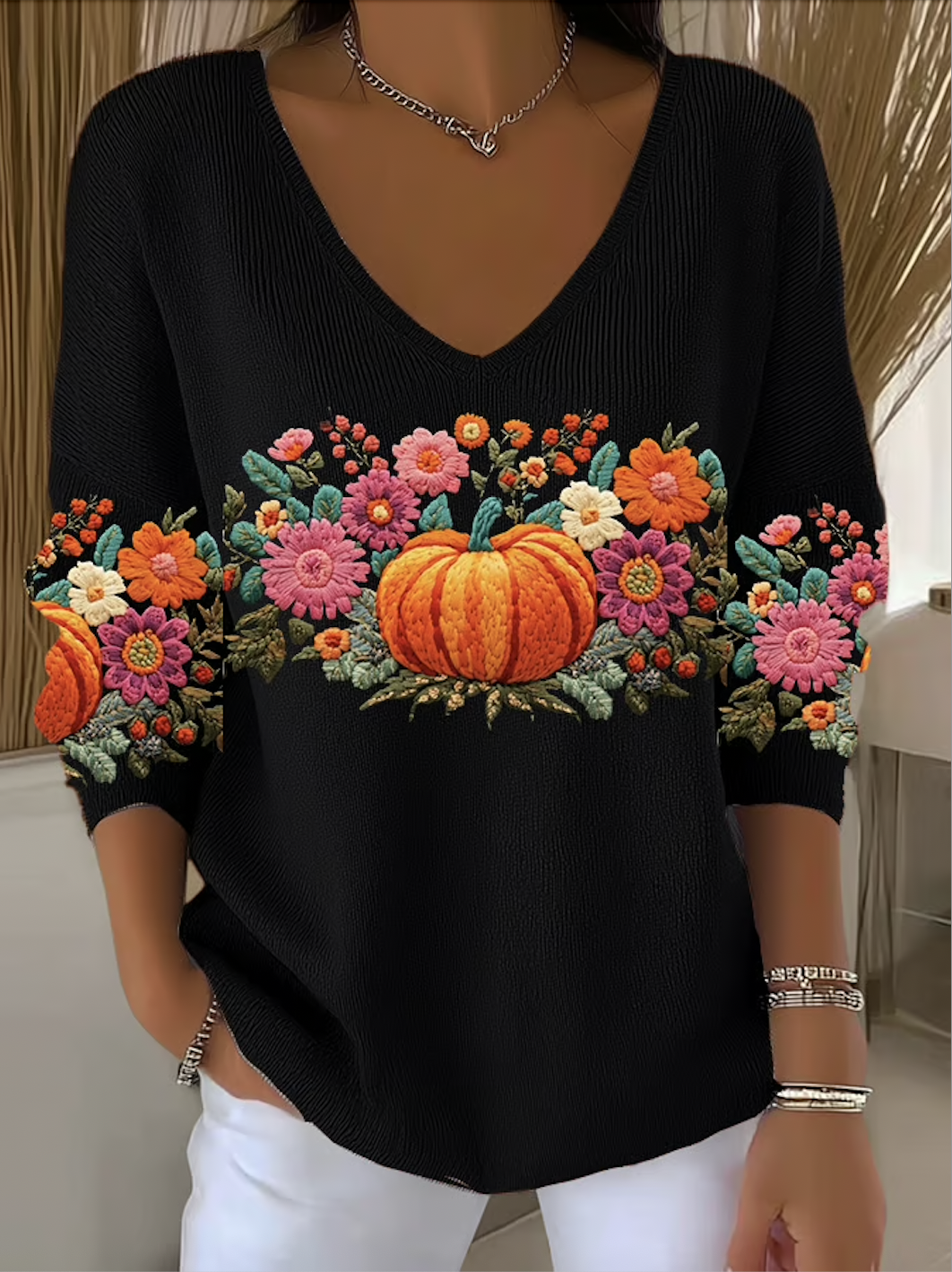 Women Cotton Floral Long Sleeve Comfy Casual Sweater