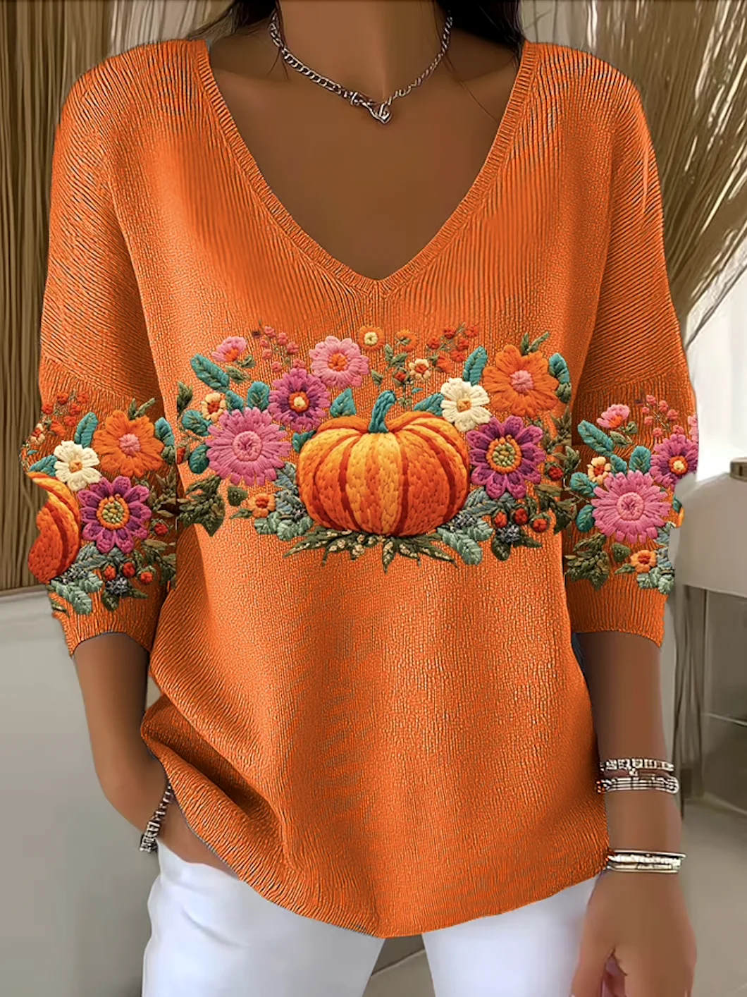 Women Cotton Floral Long Sleeve Comfy Casual Sweater