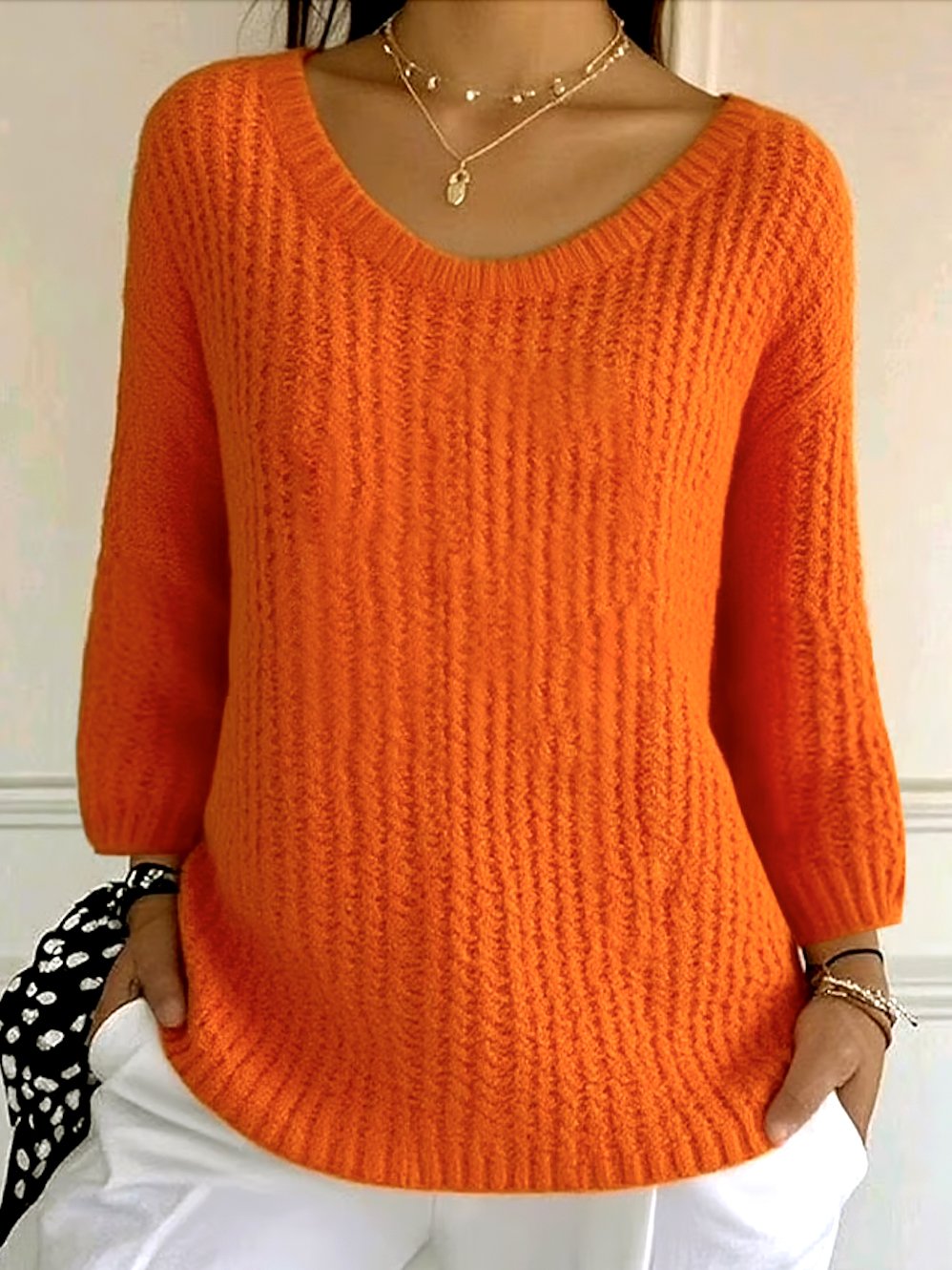 Women Cotton Plain Long Sleeve Comfy Casual Sweater