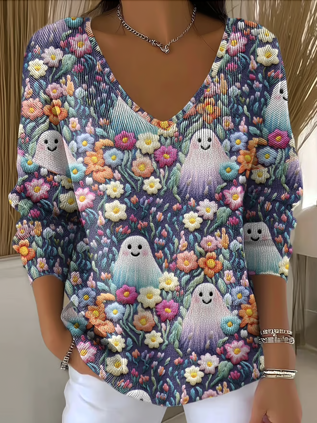 Women Cotton Floral Long Sleeve Comfy Casual Sweater