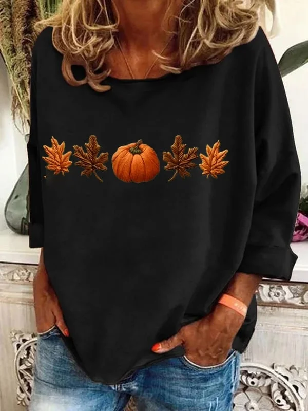 Casual Halloween Pumpkin Maple Leaf Print Crew Neck Long Sleeve T-shirt