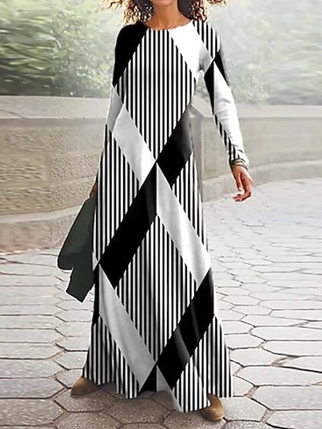 Women Striped Spring/Fall Dress Crew Neck Long Sleeve A-Line Dress