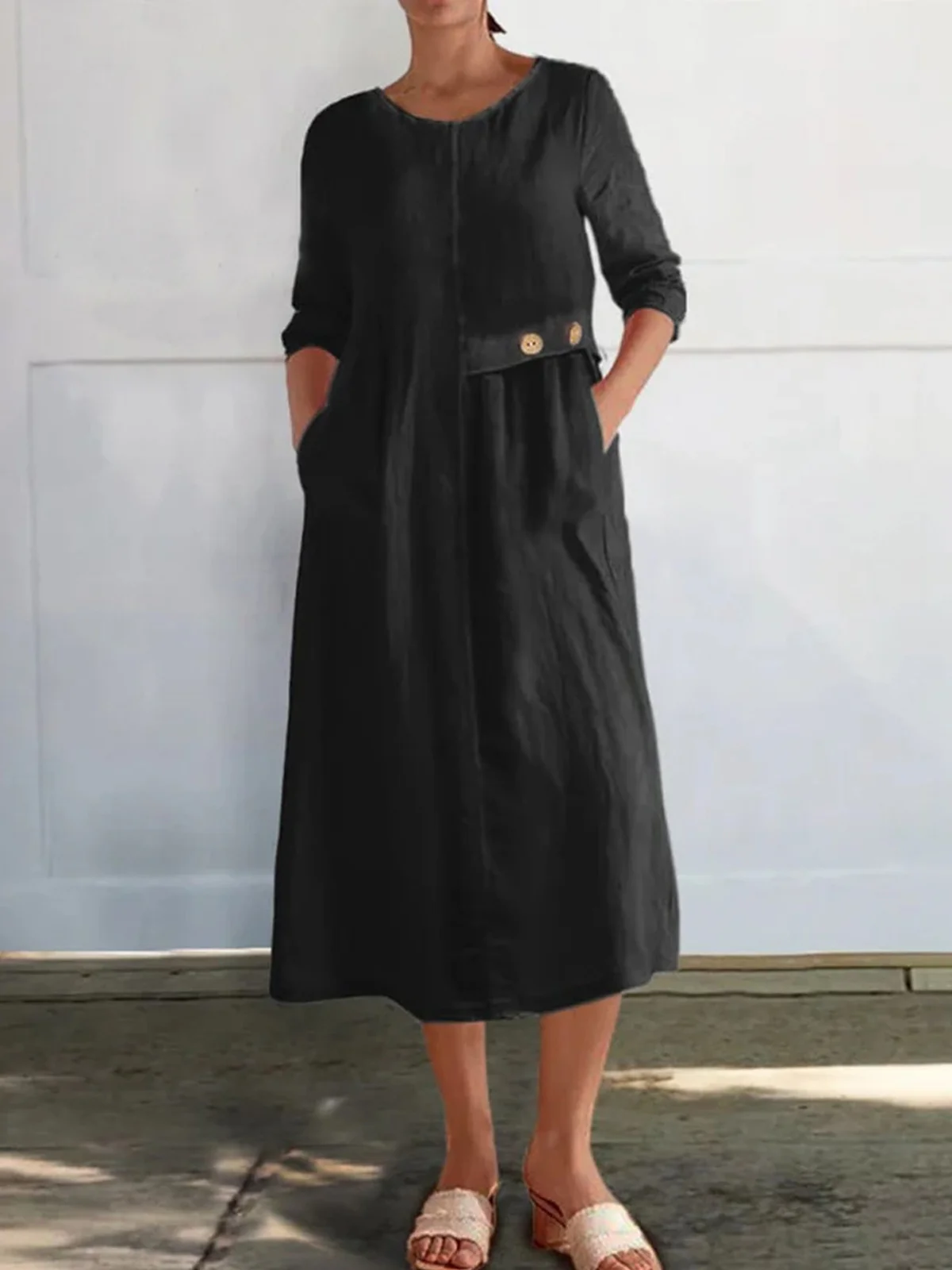 Women Plain Spring/Fall Buttoned Dress Crew Neck Long Sleeve A-Line Dress