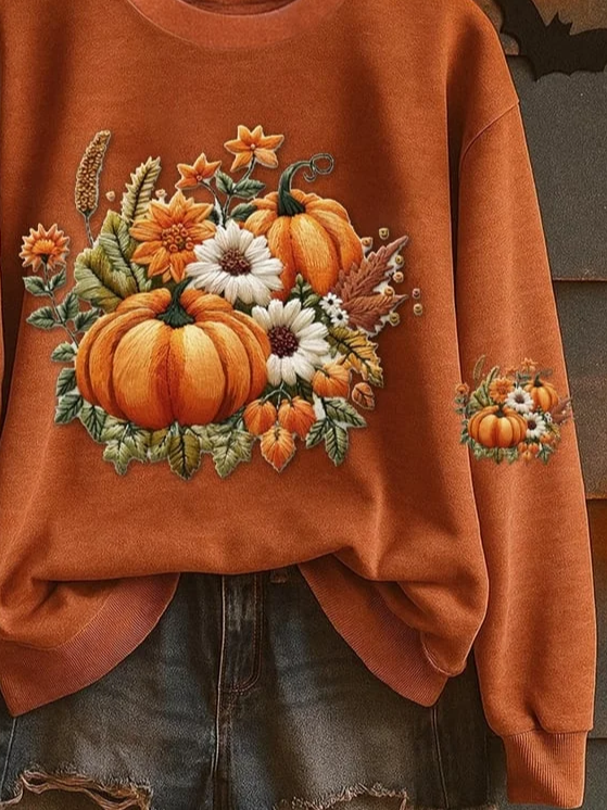 Casual Crew Neck Floral Sweatshirt Printing