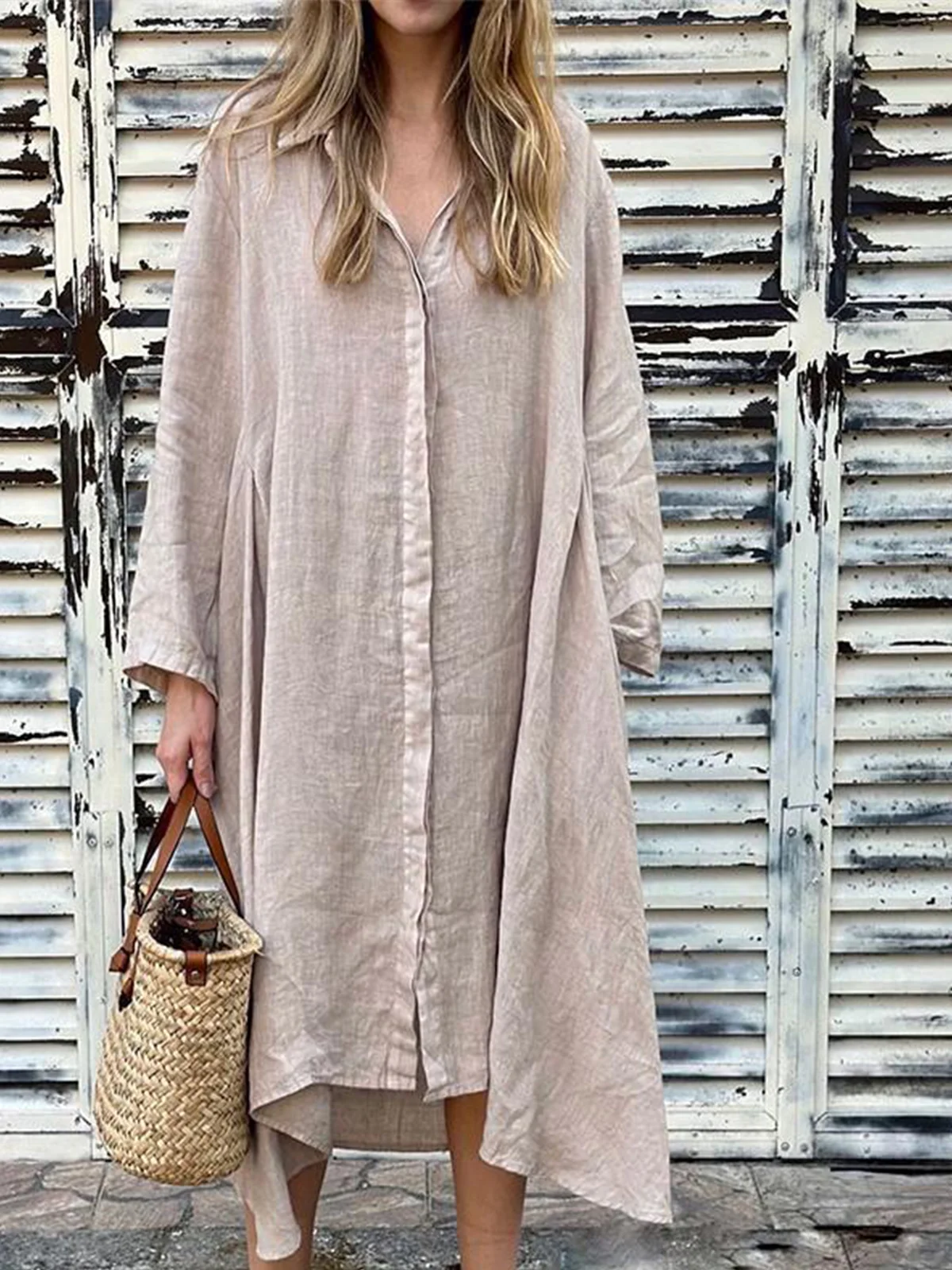 Women Plain Spring/Fall Dress Shirt Collar Long Sleeve Shirt Dress A-Line Dress