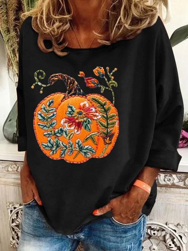 Casual Floral Pumpkin Print Crew Neck Long Sleeve T-shirt