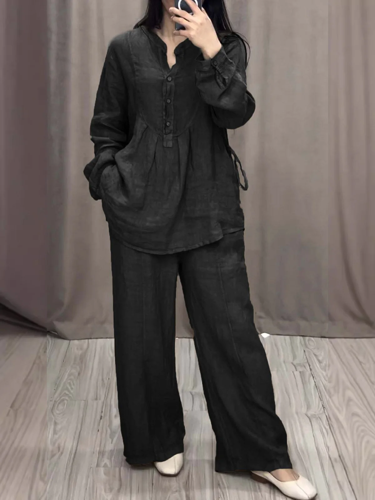 Women Plain Two-Piece Set Daily Long Sleeve Casual Spring/Fall Top With Pants Matching Set