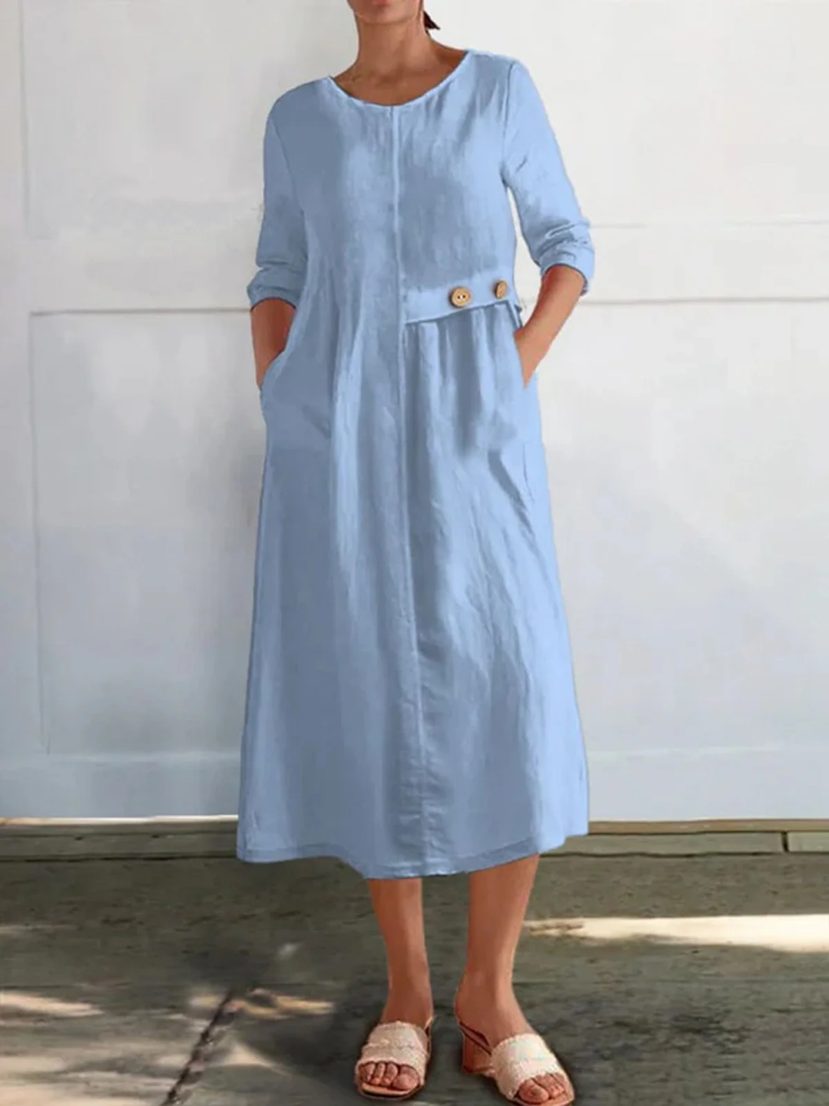Women Plain Spring/Fall Buttoned Dress Crew Neck Long Sleeve A-Line Dress