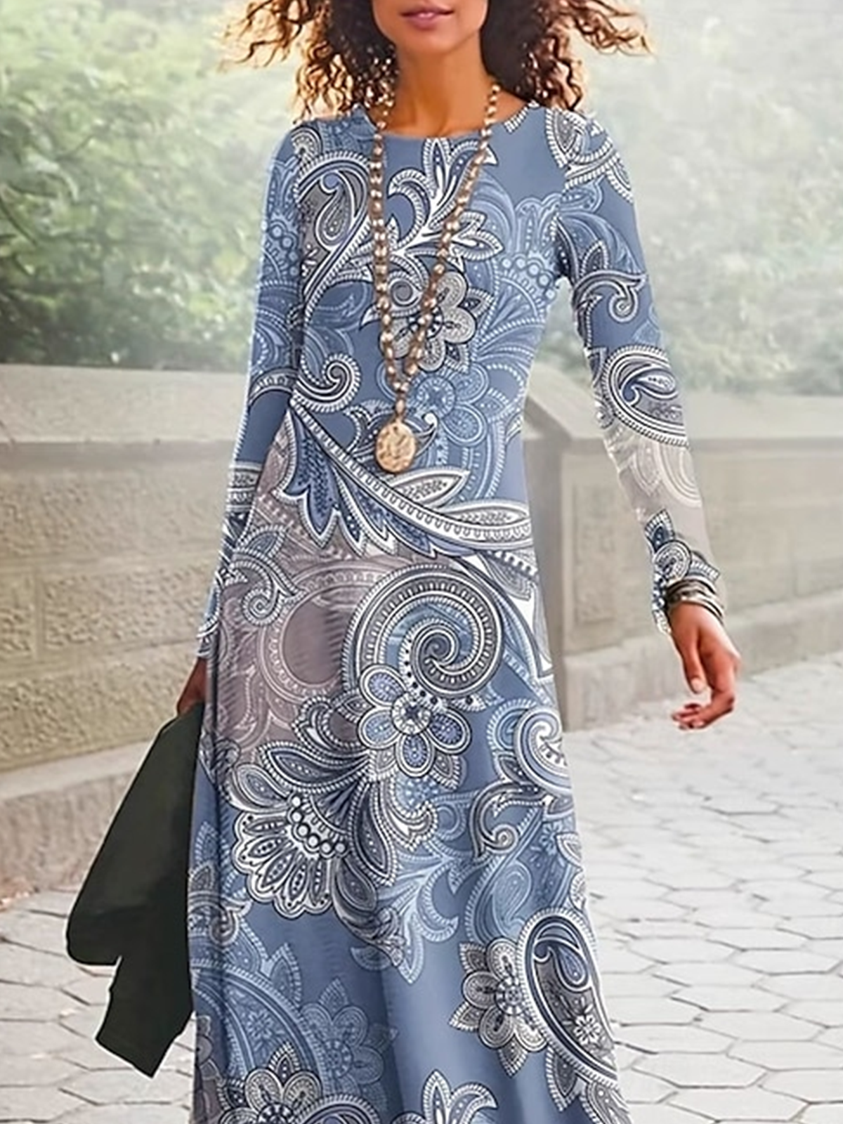 Women Floral Spring/Fall Dress Crew Neck Long Sleeve A-Line Dress