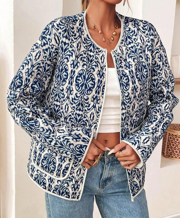 Women Spring/Fall Outerwear Casual Geometric Long Sleeve Stand Collar Jacket