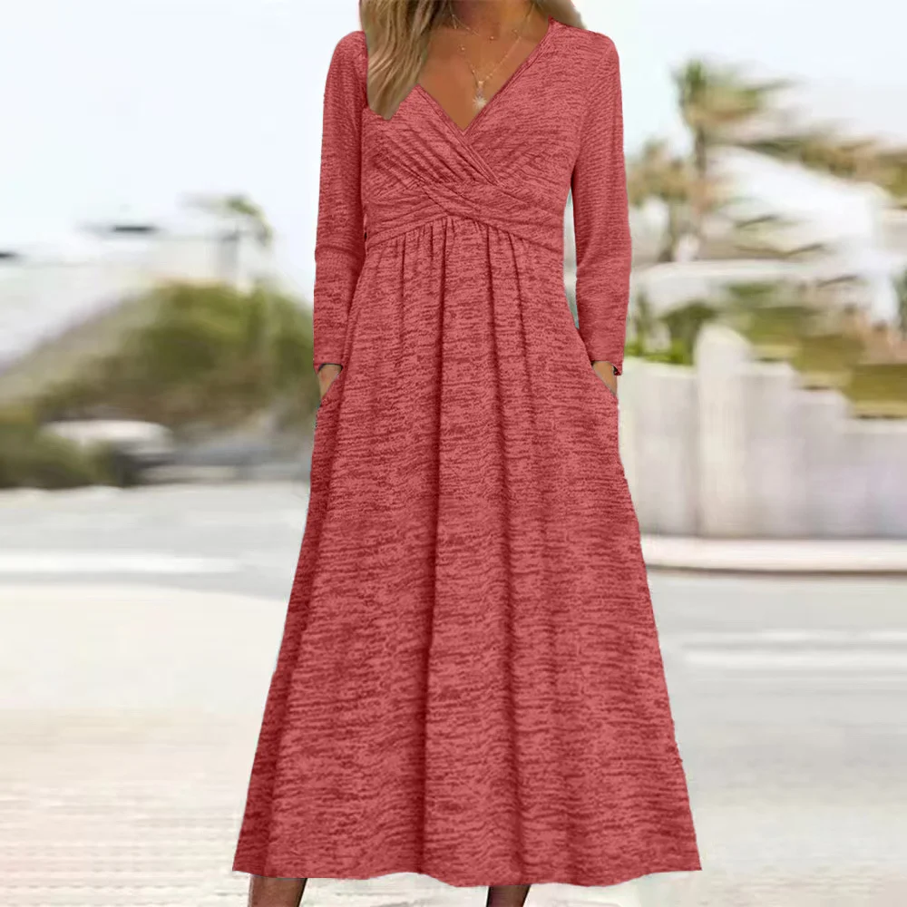 Women Plain Spring/Fall Dress V Neck Long Sleeve A-Line Dress