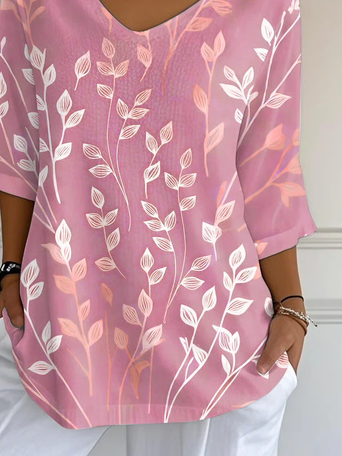 Casual Leaves Art Print V Neck 3/4 Length Sleeve T-shirt