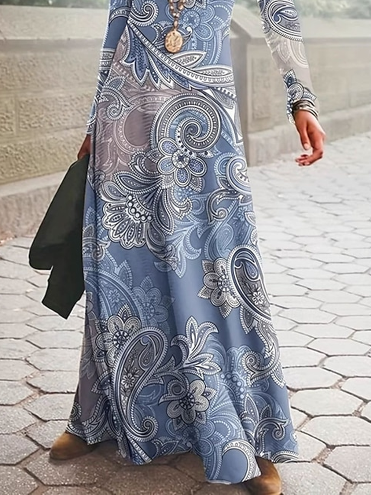 Women Floral Spring/Fall Dress Crew Neck Long Sleeve A-Line Dress