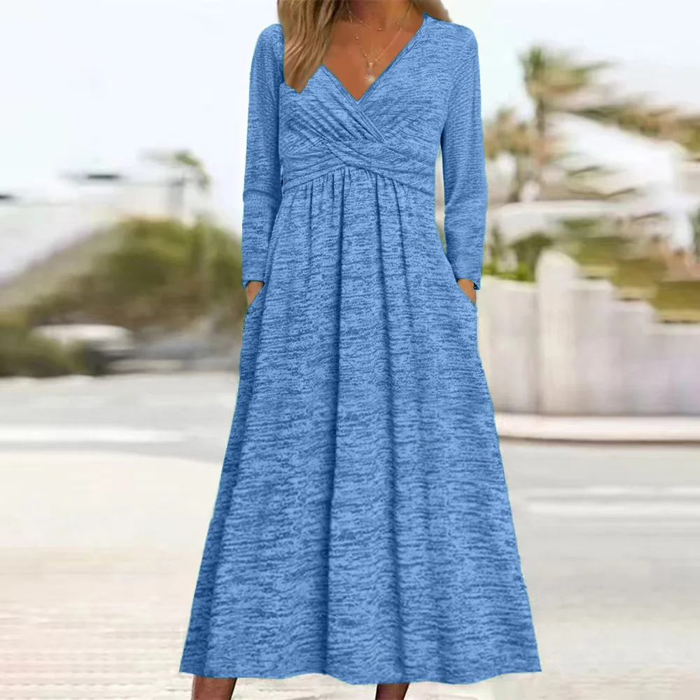 Women Plain Spring/Fall Dress V Neck Long Sleeve A-Line Dress