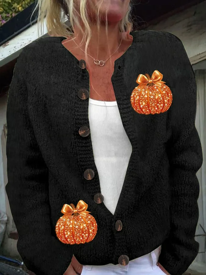 Women Knitted Pumpkin Pattern Long Sleeve Comfy Vintage Cardigan