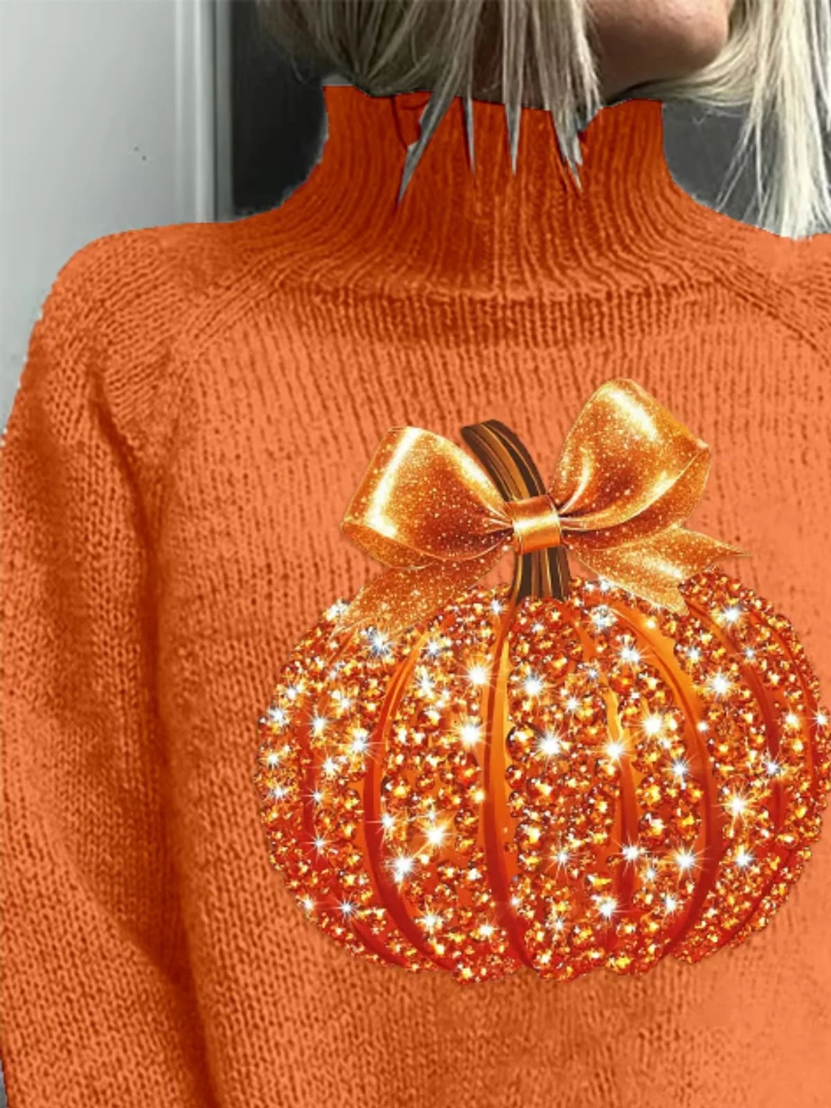 Women Halloween Pumpkin Pumpkin Sequin 3D Print Long Sleeve Comfy Casual Sweater