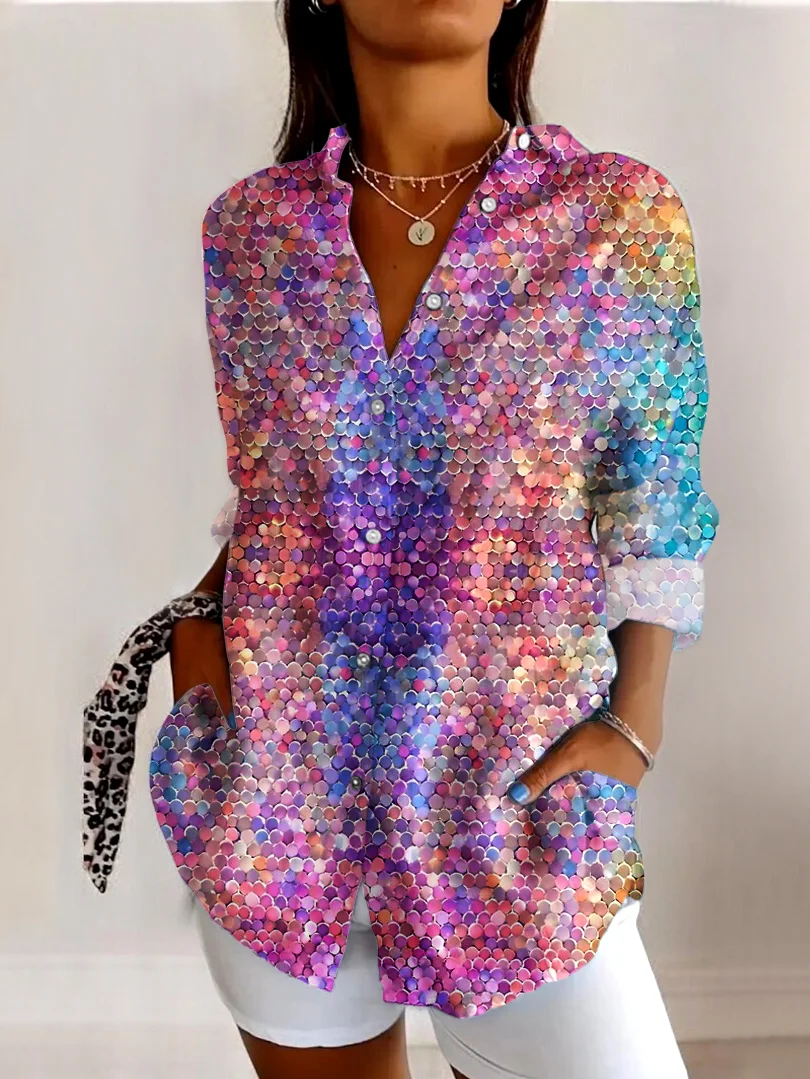 V Neck Long Sleeve Ombre Regular Micro-Elasticity Regular Fit Shirt For Women