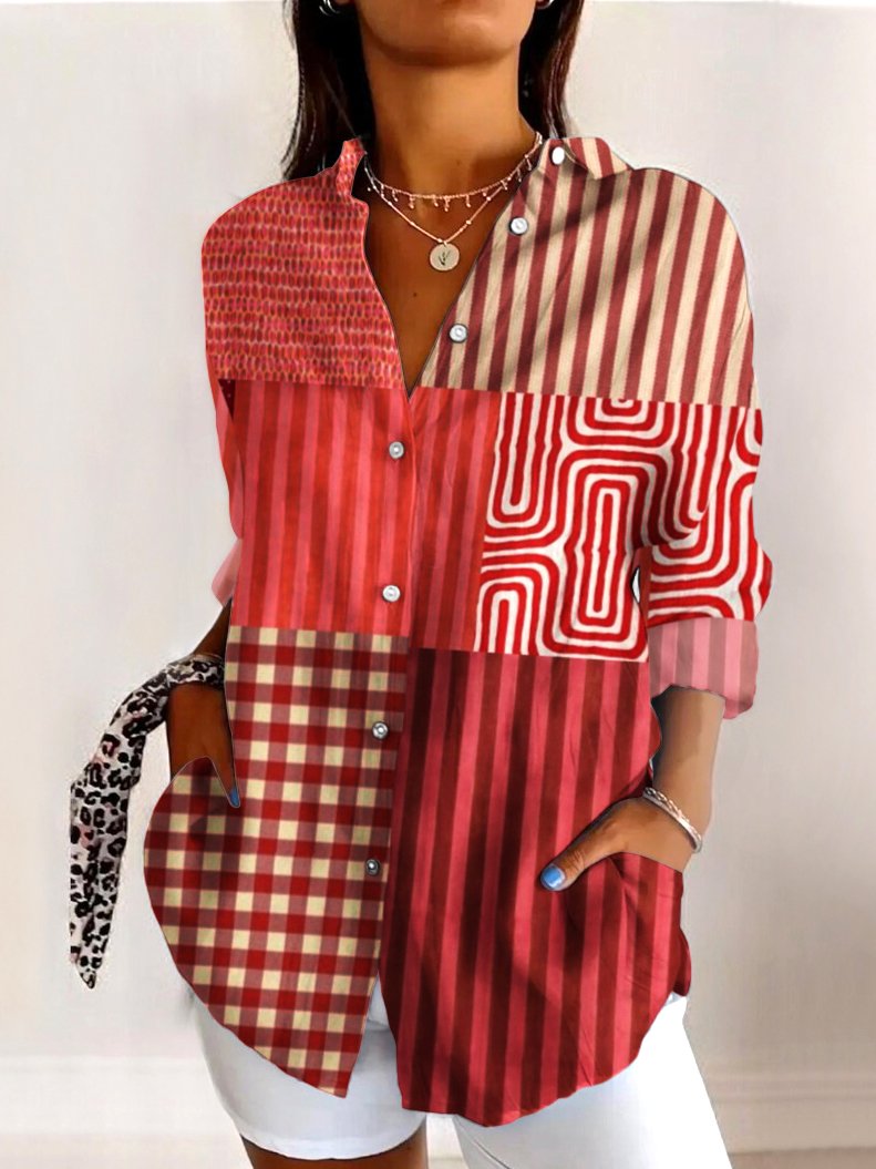 V Neck Long Sleeve Abstract Graphic Regular Micro-Elasticity Regular Fit Shirt For Women