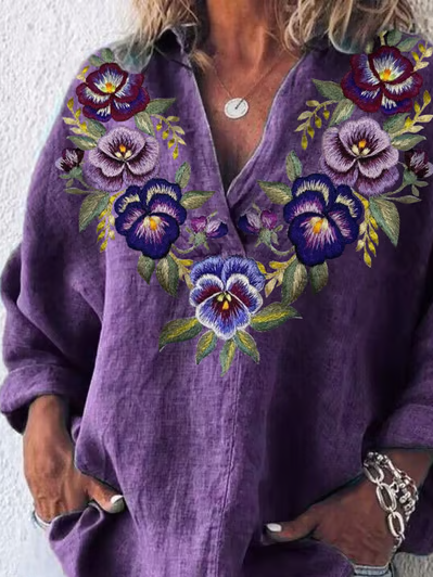 Shawl Collar Long Sleeve Floral Printing Regular Micro-Elasticity Loose Shirt For Women