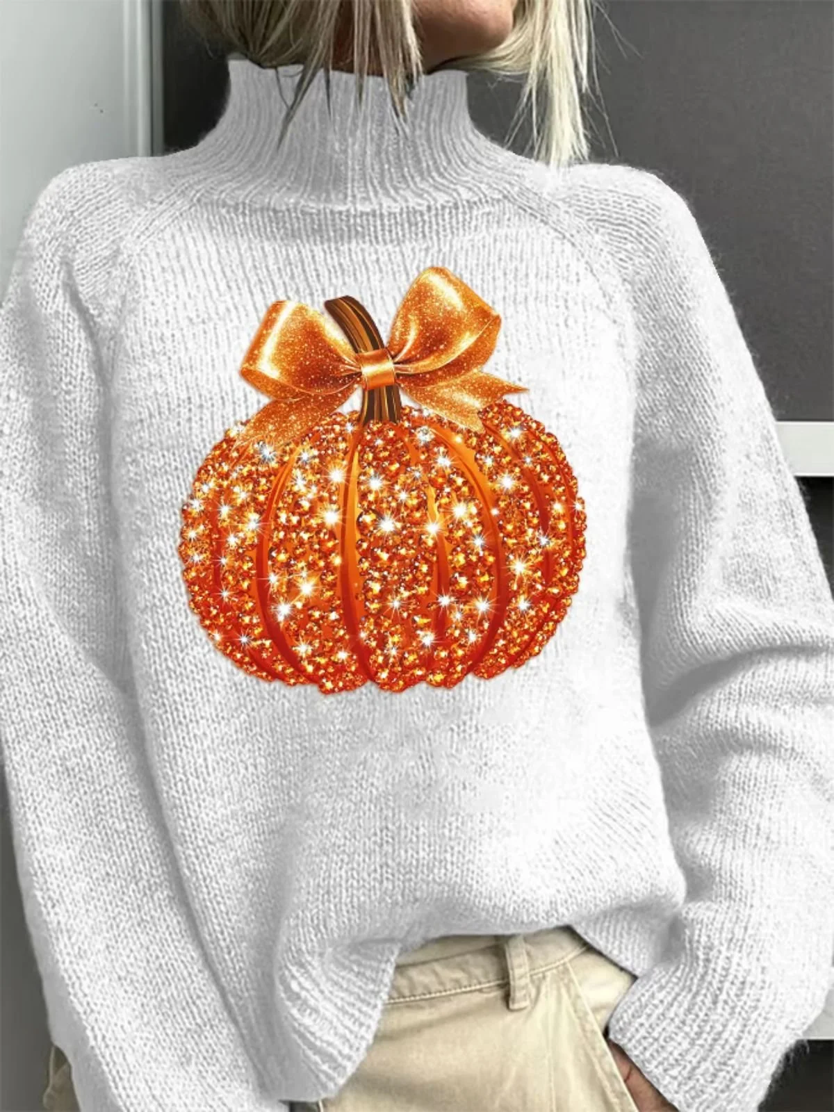 Women Halloween Pumpkin Pumpkin Sequin 3D Print Long Sleeve Comfy Casual Sweater