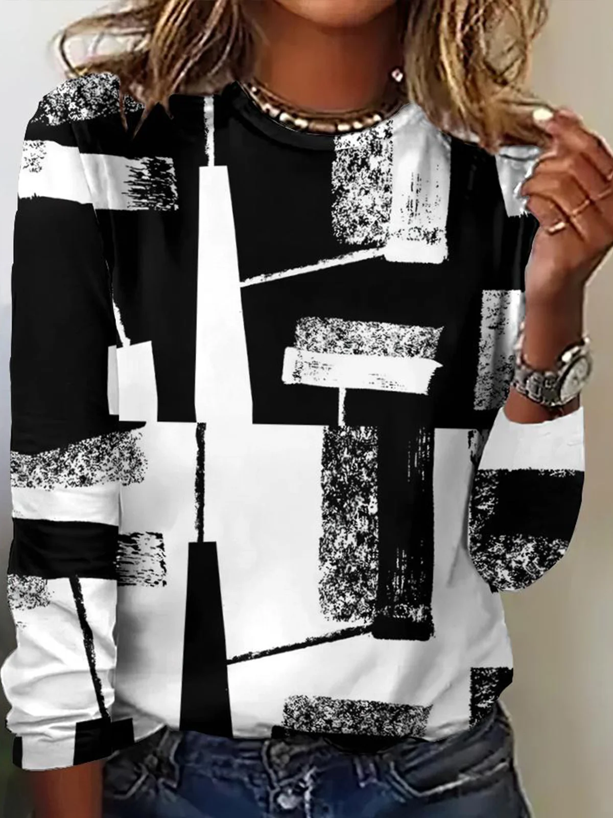 Vintage Crew Neck Geometric Sweatshirt