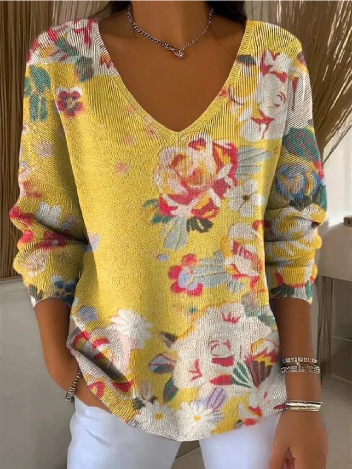 Women Cotton Floral Art Print Long Sleeve Comfy Casual Sweater