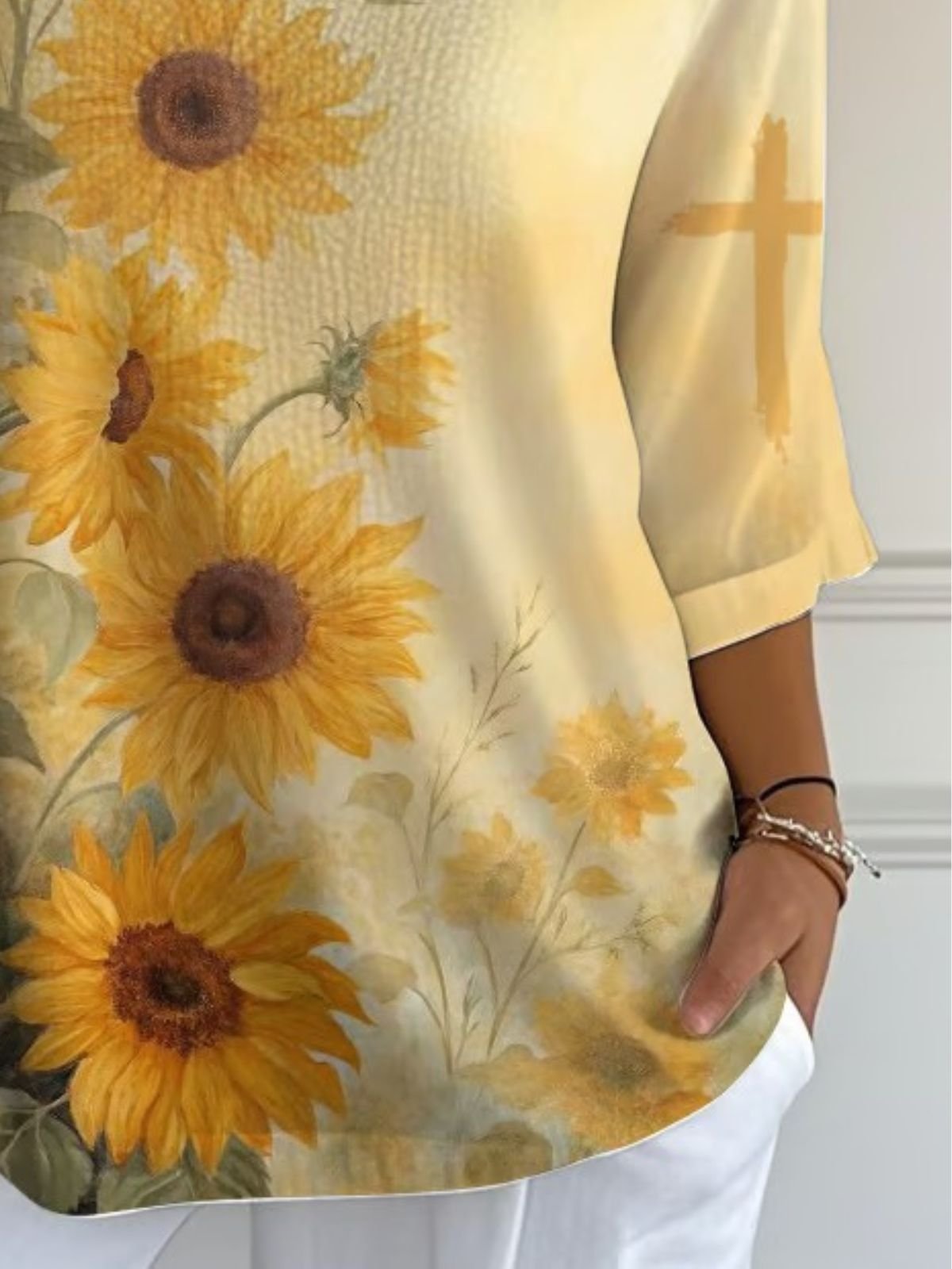 Vintage Sunflower Art Print Crew Neck 3/4 Length Sleeve T-shirt