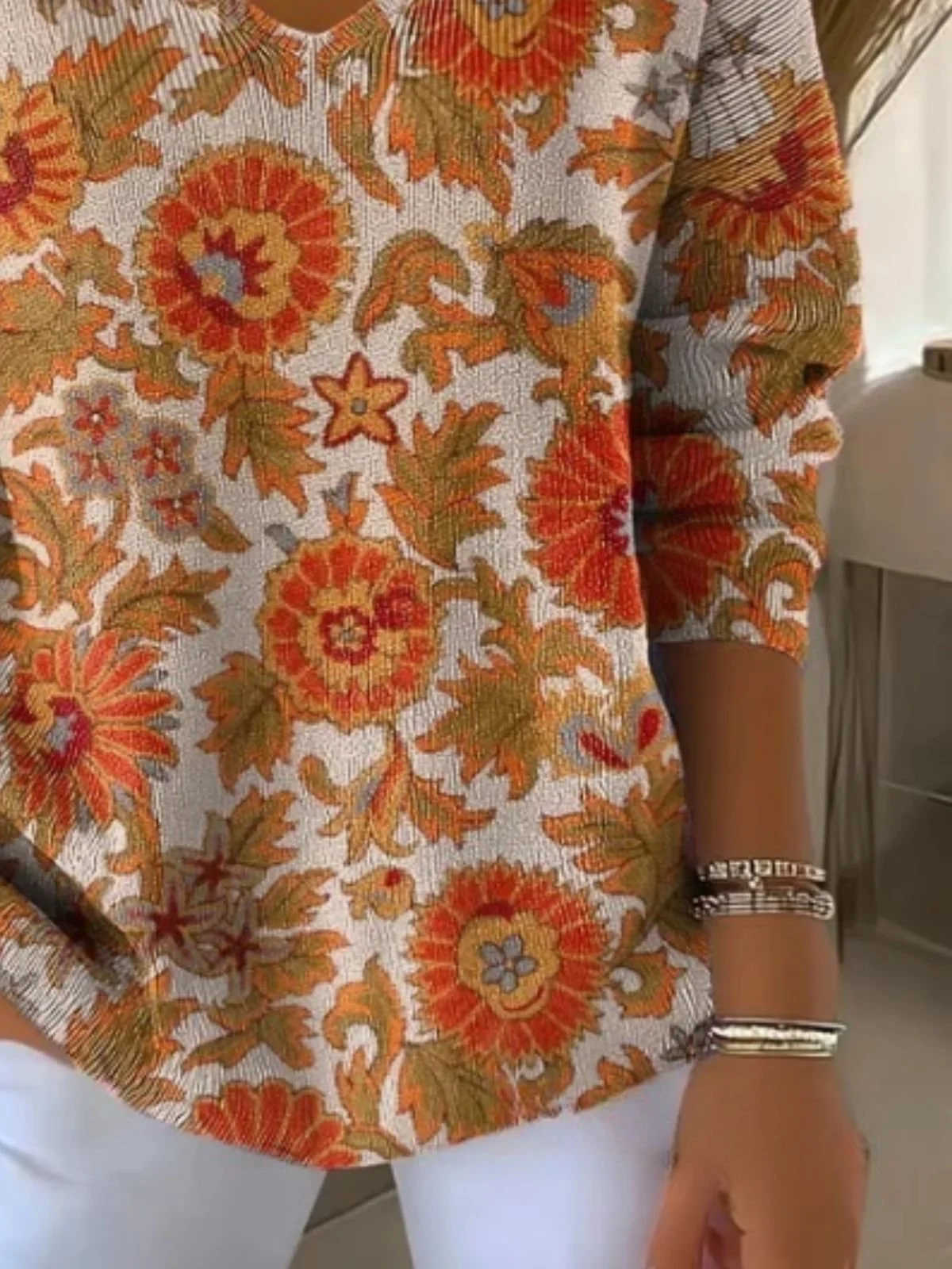 Women's Ethnic Floral Autumn Art Pattern Print Casual V Neck Pullover Blouse