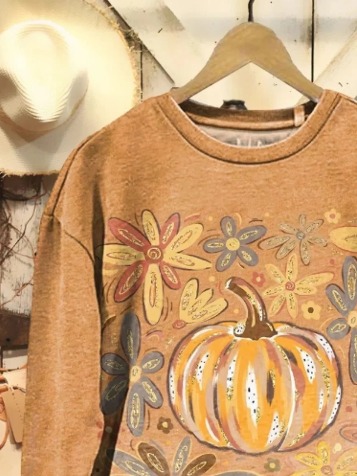 Women's Vintage Halloween Pumpkin Flowers Print Casual Crew Neck Sweatshirt