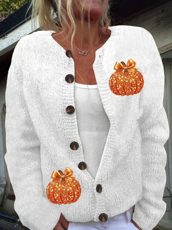 Women Knitted Pumpkin Pattern Long Sleeve Comfy Vintage Cardigan