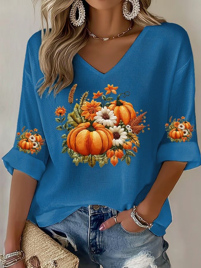 Halloween Pumpkin Floral Art Print V Neck 3/4 Length Sleeve T-shirt