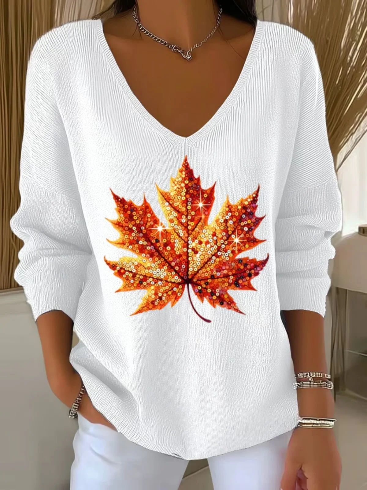 Women Cotton Maple Leaf Retro Ethnic Print Long Sleeve Comfy Sweater
