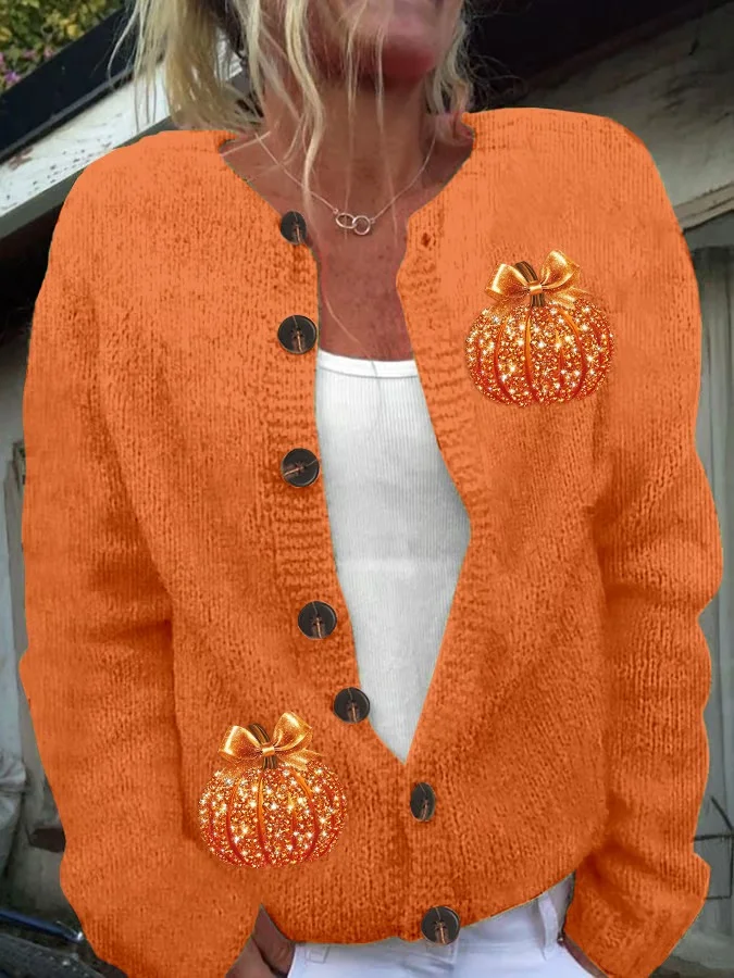 Women Knitted Pumpkin Pattern Long Sleeve Comfy Vintage Cardigan