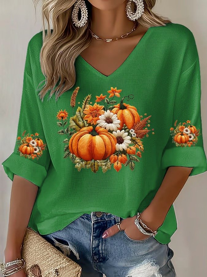 Halloween Pumpkin Floral Art Print V Neck 3/4 Length Sleeve T-shirt