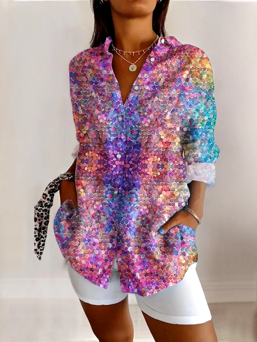 V Neck Long Sleeve Ombre Regular Micro-Elasticity Regular Fit Shirt For Women