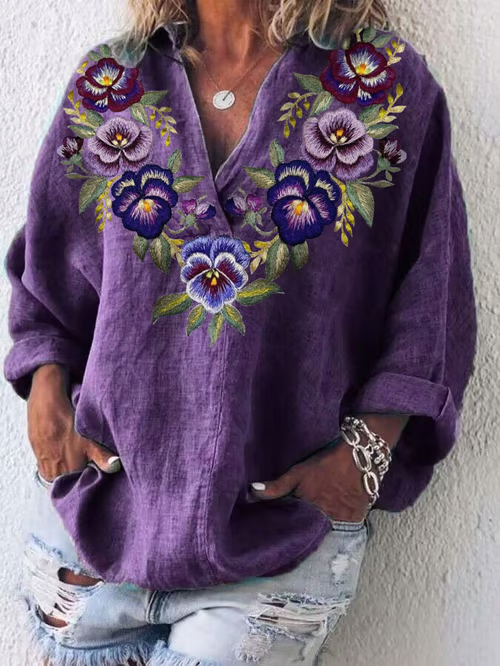 Shawl Collar Long Sleeve Floral Printing Regular Micro-Elasticity Loose Shirt For Women