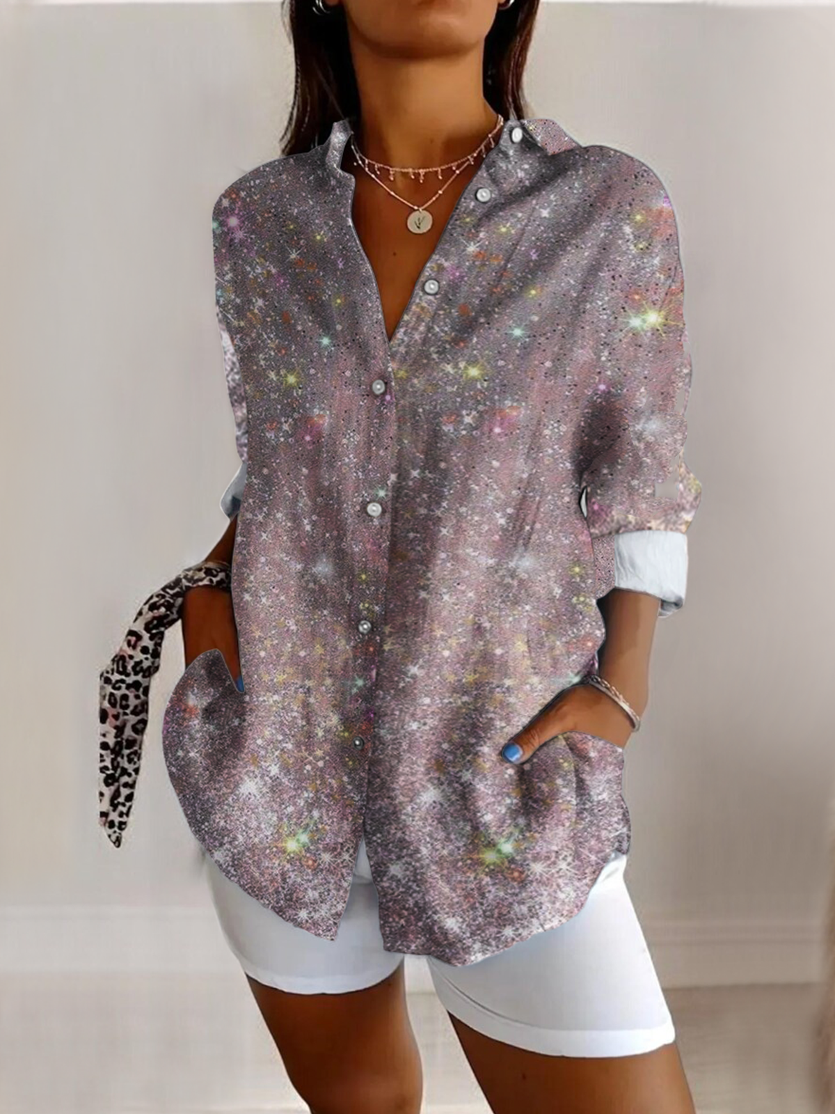 V Neck Long Sleeve Abstract Graphic Regular Micro-Elasticity Regular Fit Shirt For Women