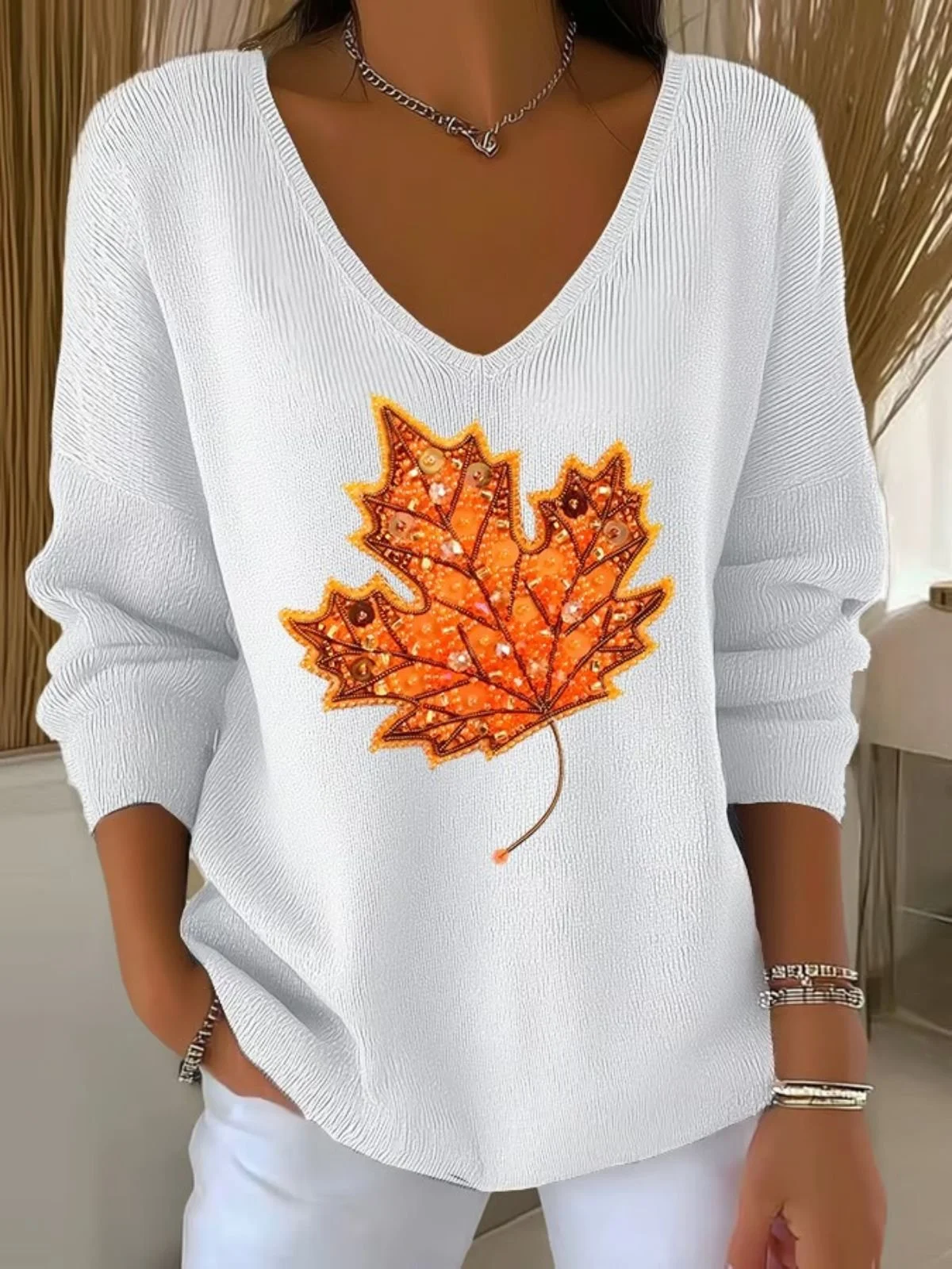 Women Maple Leaf Retro Ethnic Print Long Sleeve Comfy Casual Sweater
